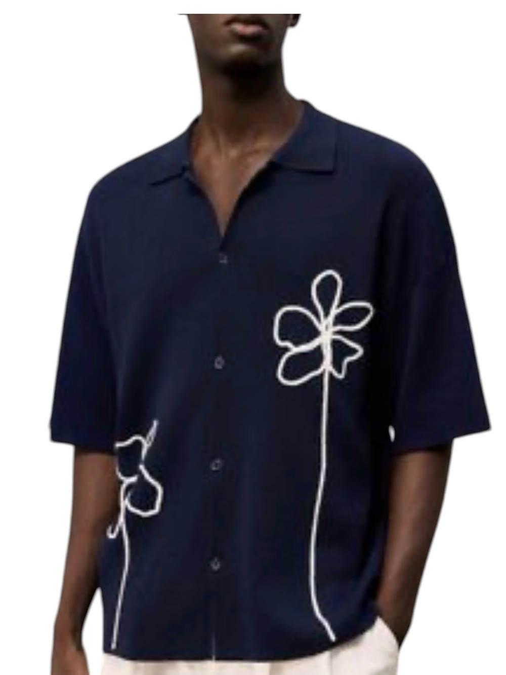 ZARA Man Blue Crochet Knit Embroidered Floral Shirt Camp Collar Resort Size XL